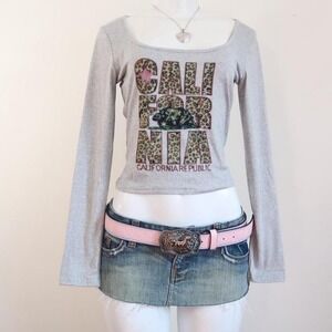 y2k baby tee california leopard star long sleeve grey top